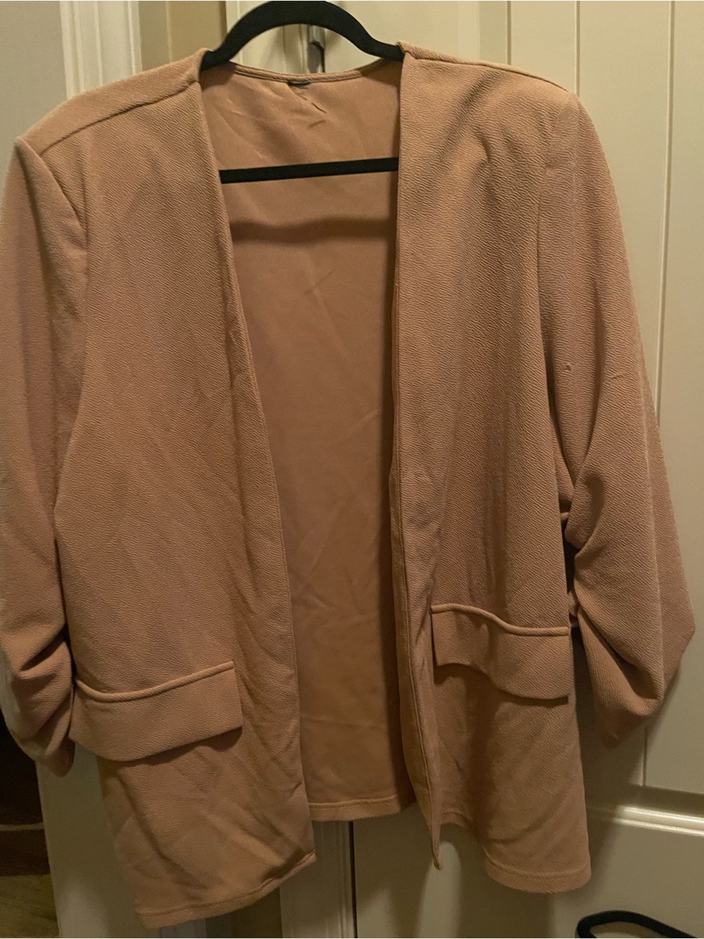 Open Front Blazer Jacket in Tan ruched sleeves